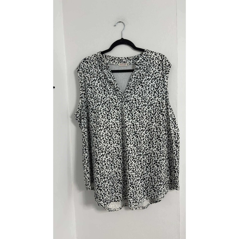 HALIFE Casual Leopard Print Blouse Black White‎ Womens XL